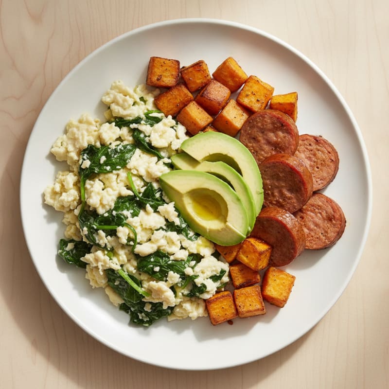 Egg White Spinach Scramble with Seared Turkey Sausage