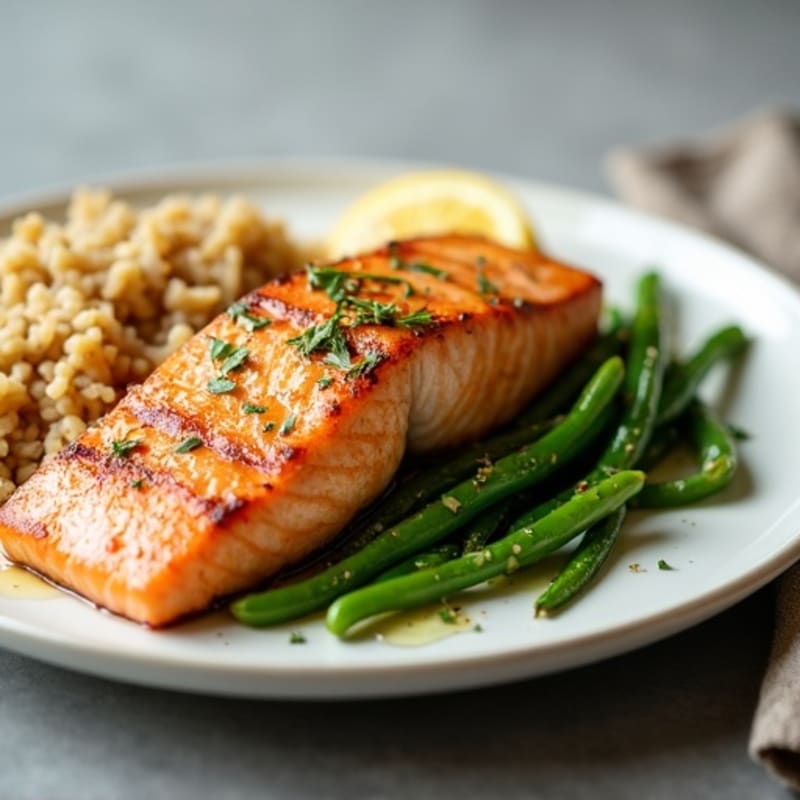 Seared Salmon with Garlic Green Beans and Brown Rice