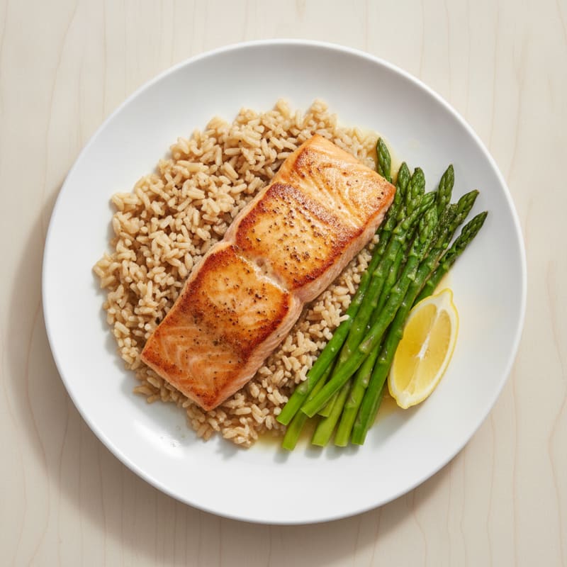 Seared Salmon with Steamed Asparagus and Brown Rice
