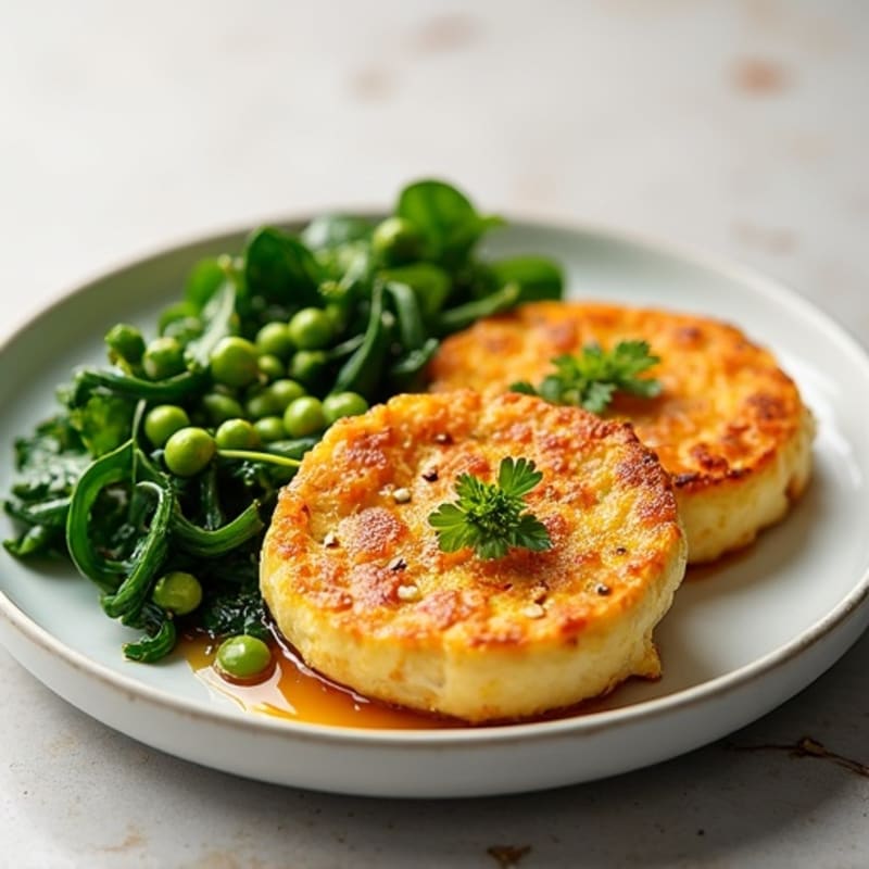 Crispy Pan-Seared Egg Tofu with Sesame Garlic Greens