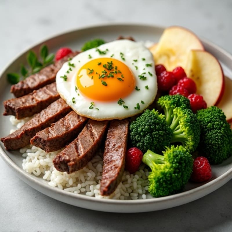Seared Beef Strips with Herbed Rice, Steamed Broccoli & Fruit Salad Topped Egg