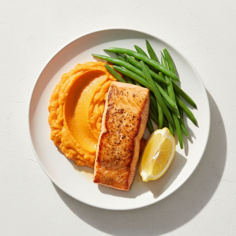Seared Salmon with Steamed Green Beans and Sweet Potato Mash