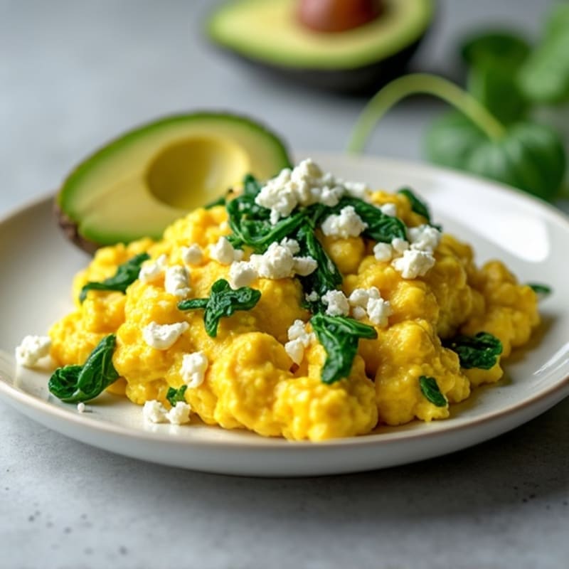 Fluffy Scrambled Eggs with Fresh Spinach and Creamy Avocado