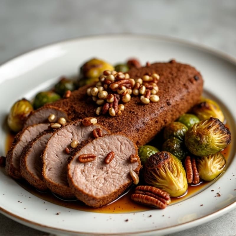 Cocoa-Rubbed Pork Tenderloin with Crispy Roasted Brussels Sprouts and Toasted Pecans