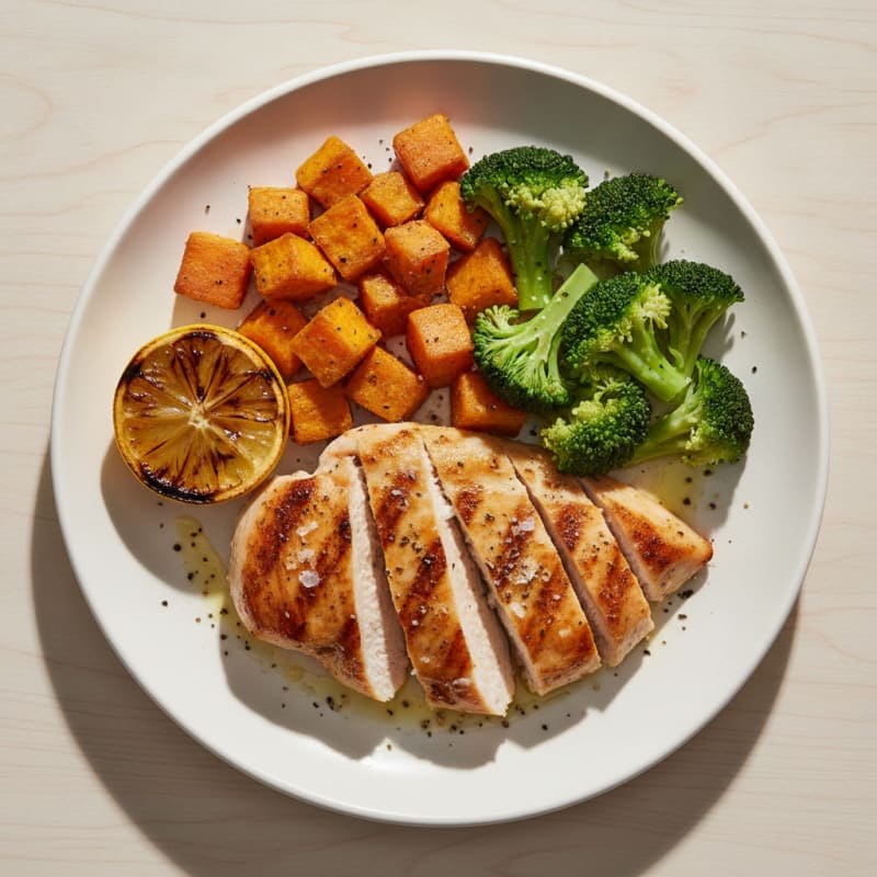 Grilled Chicken Breast with Roasted Sweet Potato and Steamed Broccoli