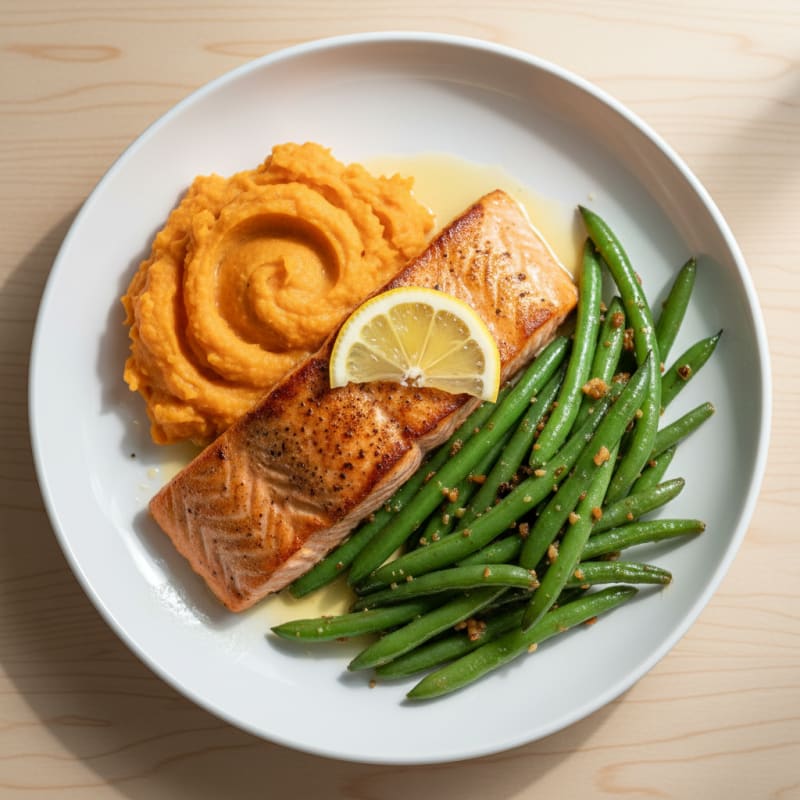 Seared Salmon with Garlic Green Beans and Mashed Sweet Potato