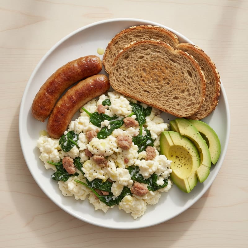 Egg White Scramble with Turkey Sausage and Sautéed Spinach