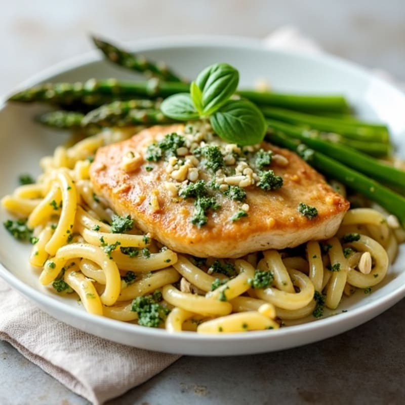 Creamy Pesto Chicken with Whole Wheat Pasta and Roasted Asparagus