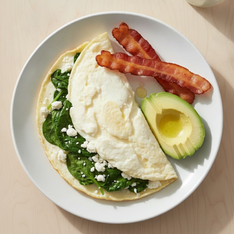 Crispy Turkey Bacon Egg White Omelet with Spinach and Feta