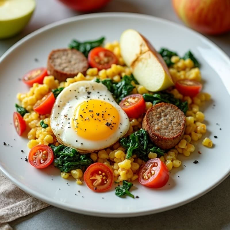 Egg White and Turkey Sausage Scramble with Spinach, Tomatoes & Apple Side