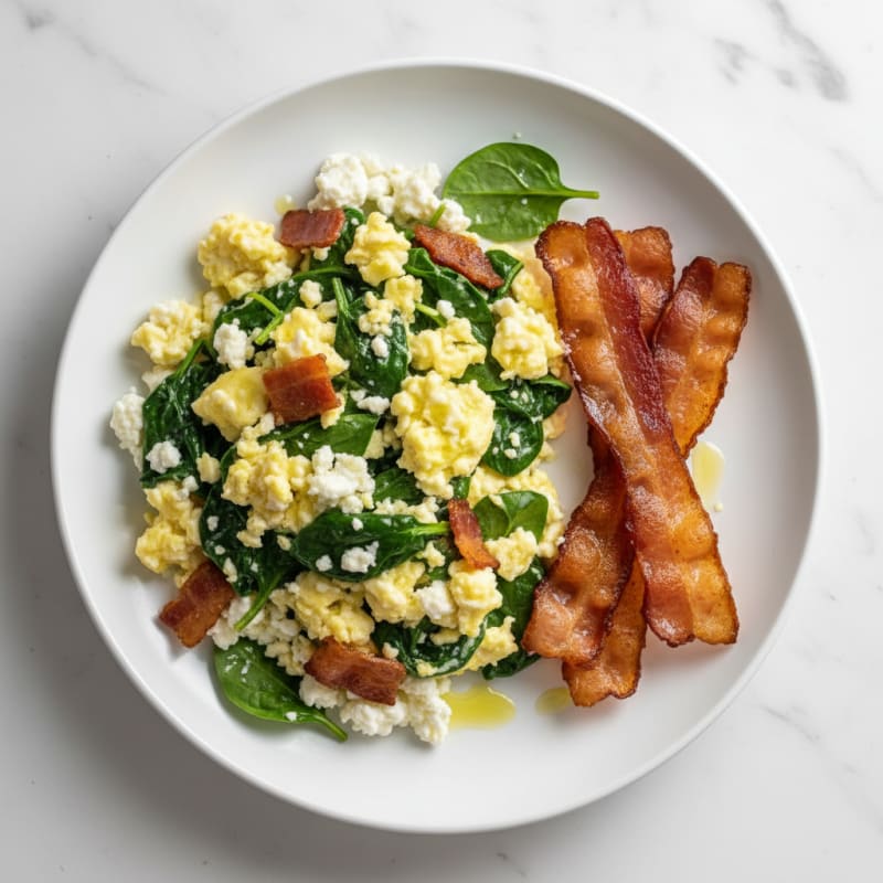 Cottage Cheese Egg Scramble with Spinach and Turkey Bacon