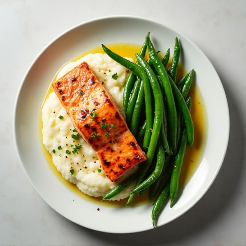 Seared Salmon Fillet with Garlic Green Beans and Cauliflower Mash