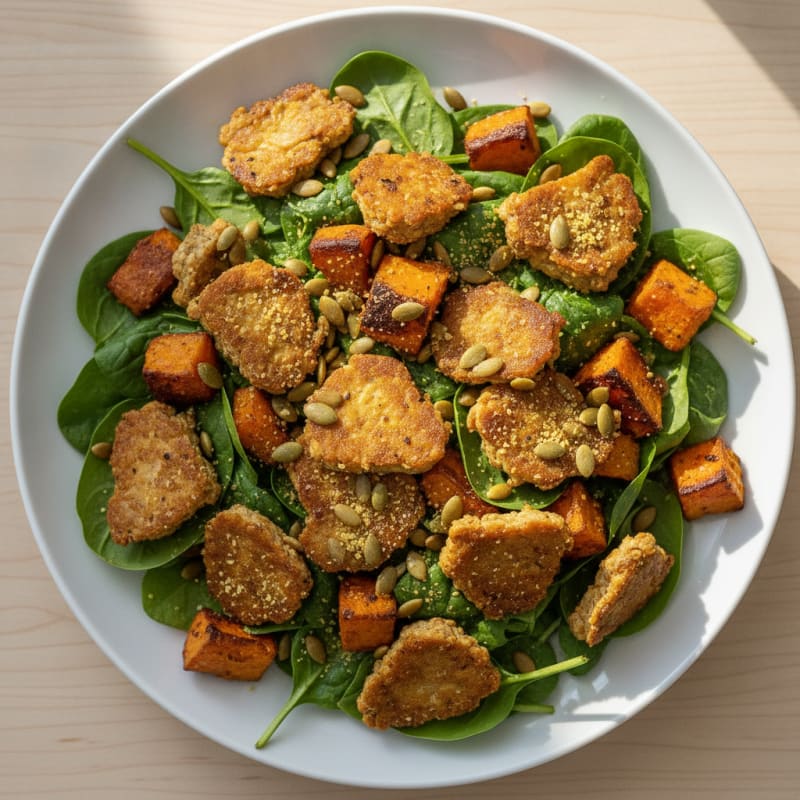 Crispy Tempeh and Roasted Sweet Potato Salad with Toasted Pumpkin Seeds