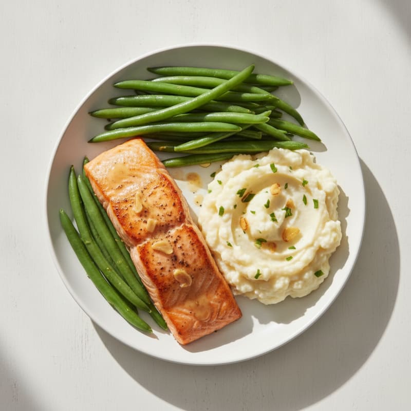 Seared Salmon with Steamed Green Beans and Garlic Mashed Cauliflower