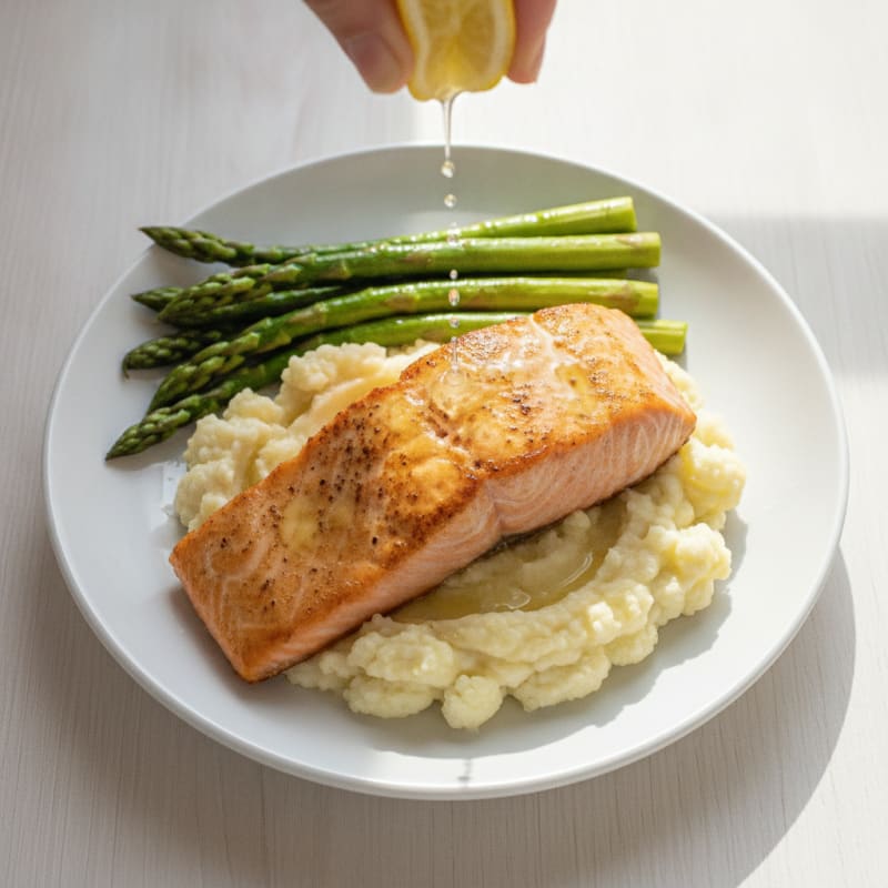 Seared Salmon Fillet with Steamed Asparagus and Garlic Mashed Cauliflower
