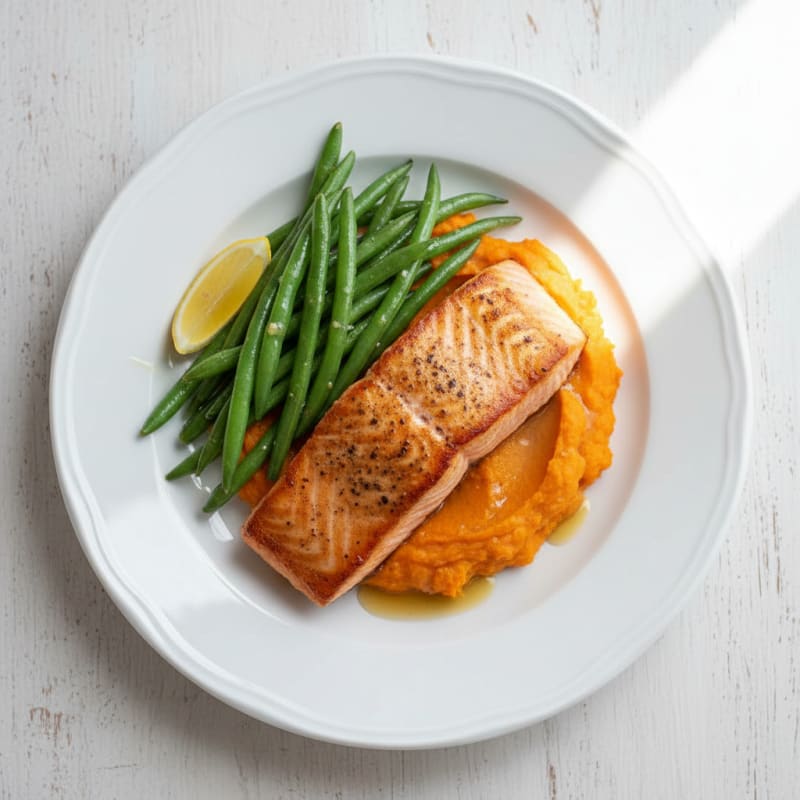Seared Salmon with Steamed Green Beans and Sweet Potato Mash