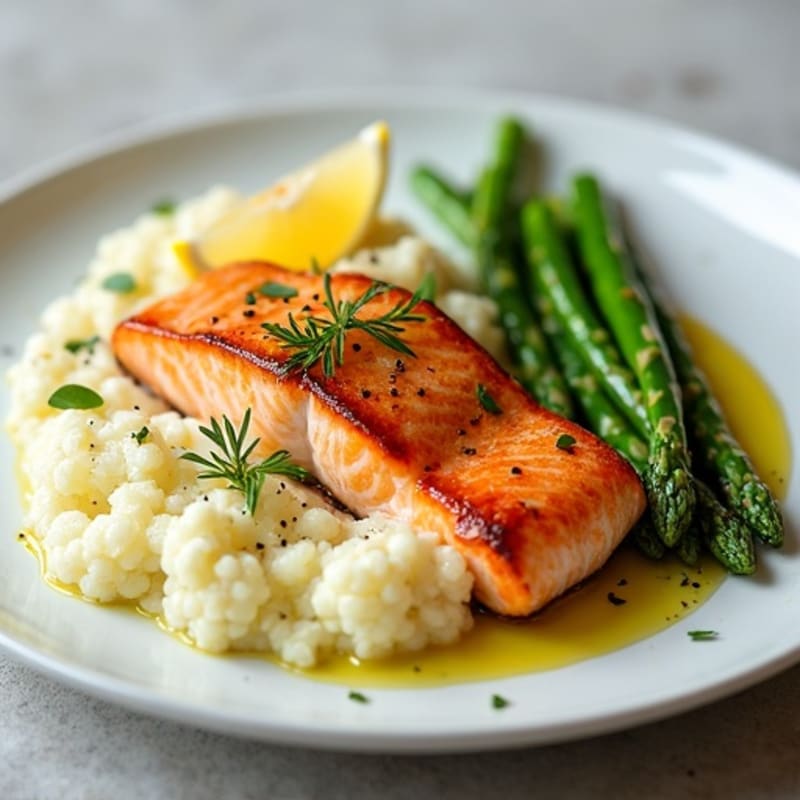 Seared Salmon Fillet with Steamed Asparagus and Cauliflower Mash
