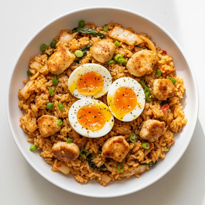Soft-Boiled Eggs with Kimchi Chicken Fried Rice