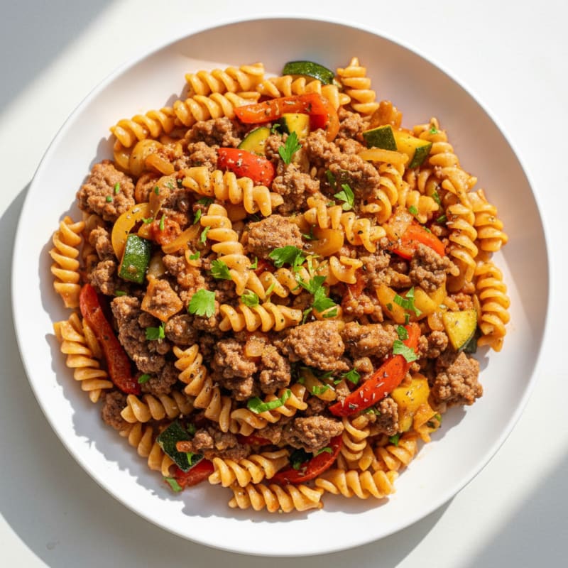 Ground Beef Skillet with Fusilli Pasta