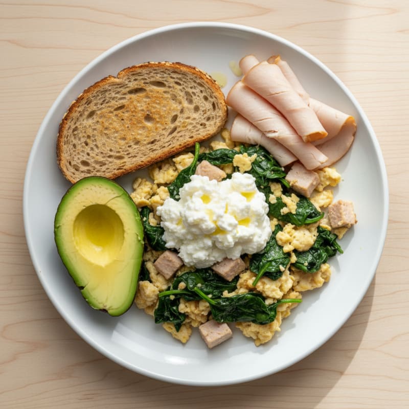 Egg White and Spinach Scramble with Cottage Cheese and Sliced Turkey