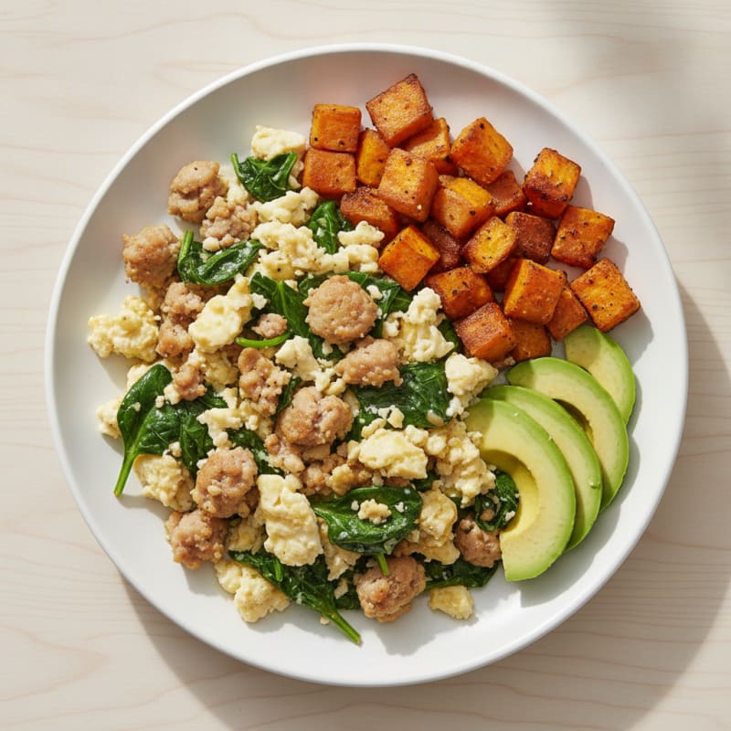 Egg White and Turkey Sausage Scramble with Sautéed Spinach