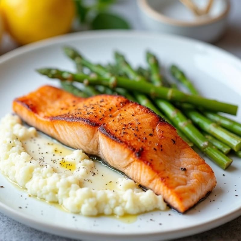 Seared Salmon Fillet with Steamed Asparagus and Cauliflower Mash