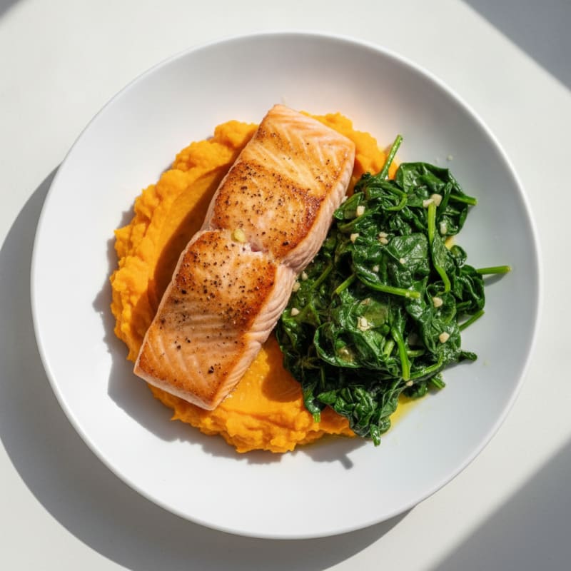 Seared Salmon with Garlic Spinach and Sweet Potato Mash