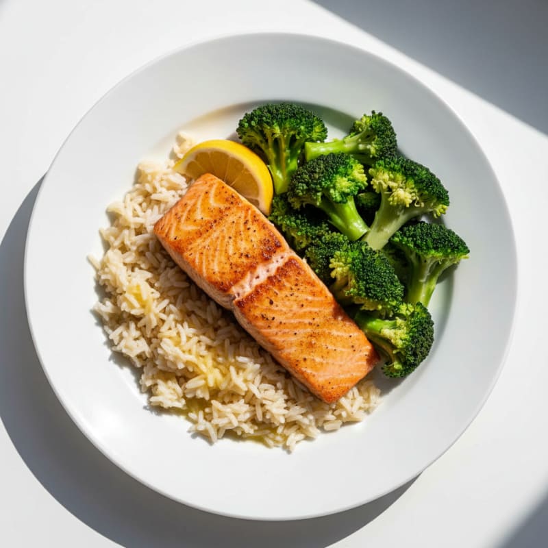 Seared Salmon with Steamed Broccoli and Basmati Rice