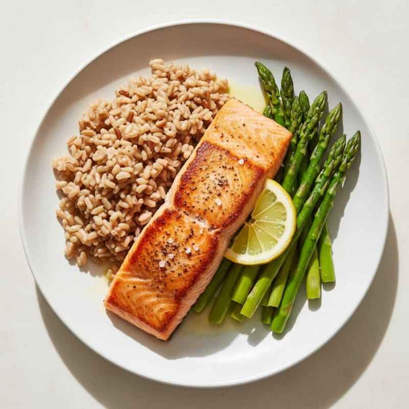 Seared Salmon with Steamed Asparagus and Brown Rice