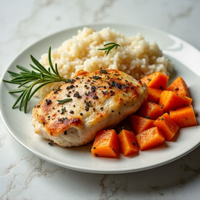 Herb-Roasted Chicken Breast with Roasted Sweet Potatoes and Fluffy Jasmine Rice