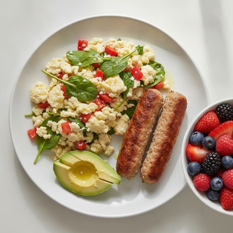 Egg White Veggie Scramble with Turkey Sausage and Fresh Berries
