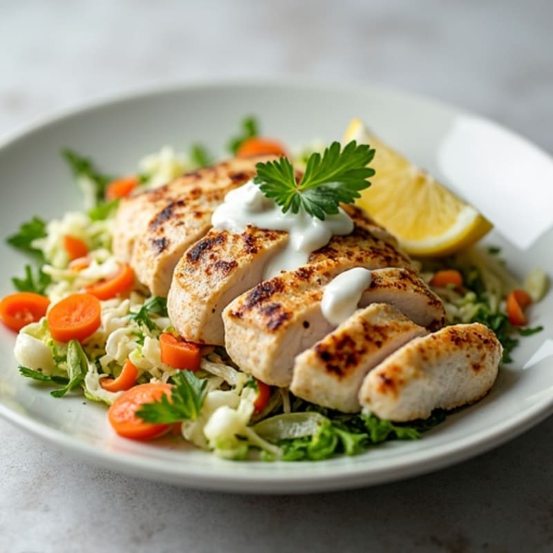 Grilled Chicken Breast with Crunchy Cabbage Slaw and Greek Yogurt Dressing