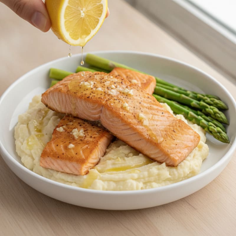 Seared Salmon with Steamed Asparagus and Garlic Mashed Cauliflower