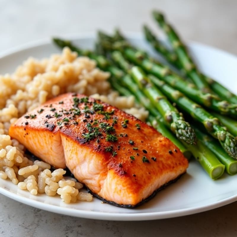 Seared Salmon with Steamed Asparagus and Brown Rice