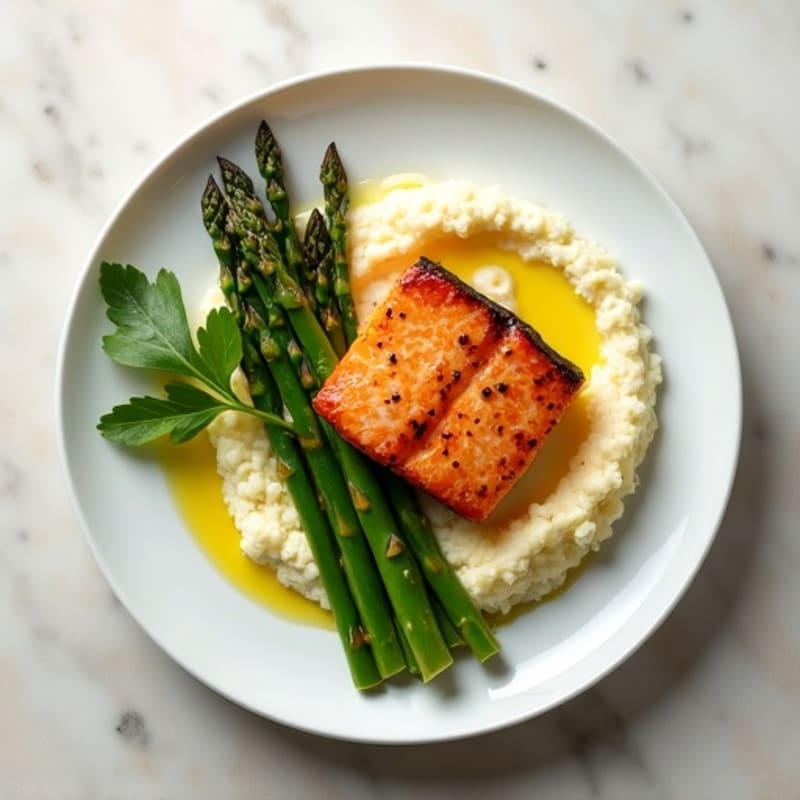 Seared Salmon with Steamed Asparagus and Cauliflower Mash