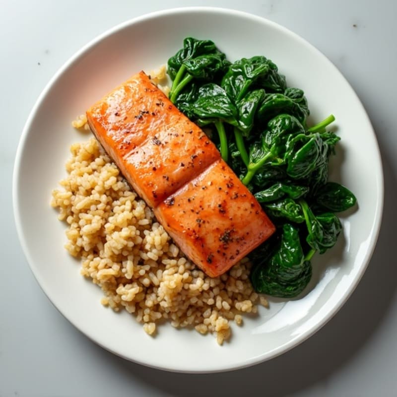 Seared Salmon with Garlic Spinach and Brown Rice