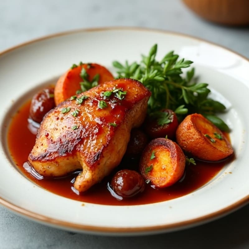 Pan-Seared Chicken with Sticky Date Glaze and Roasted Sweet Potatoes
