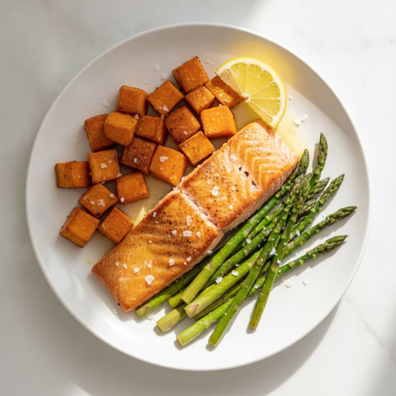 Seared Salmon with Roasted Sweet Potato and Asparagus
