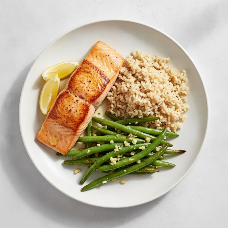 Seared Salmon Fillet with Garlic Green Beans and Brown Rice