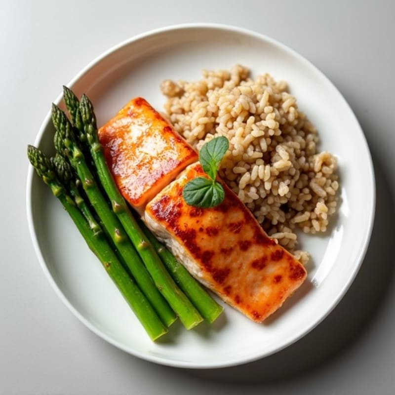 Seared Salmon with Steamed Asparagus and Brown Rice