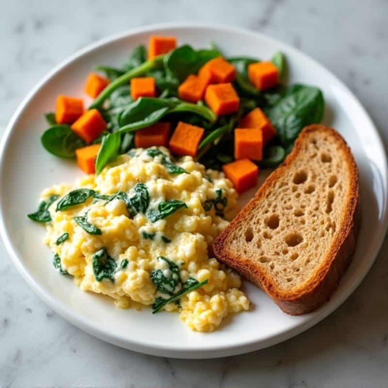 Egg White and Turkey Spinach Scramble with Roasted Sweet Potato & Whole Grain Toast
