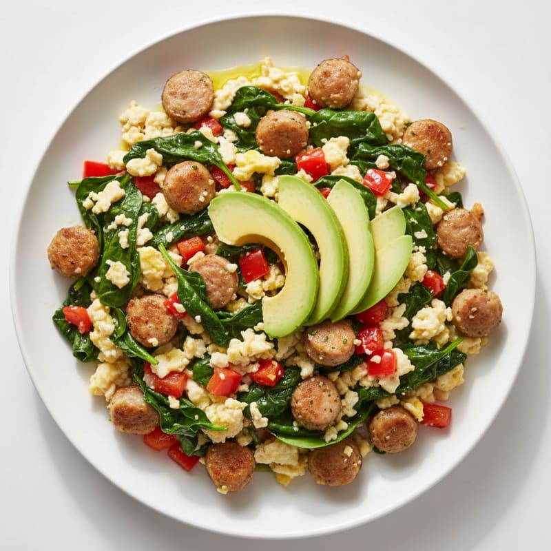 Egg White and Chicken Sausage Scramble with Spinach