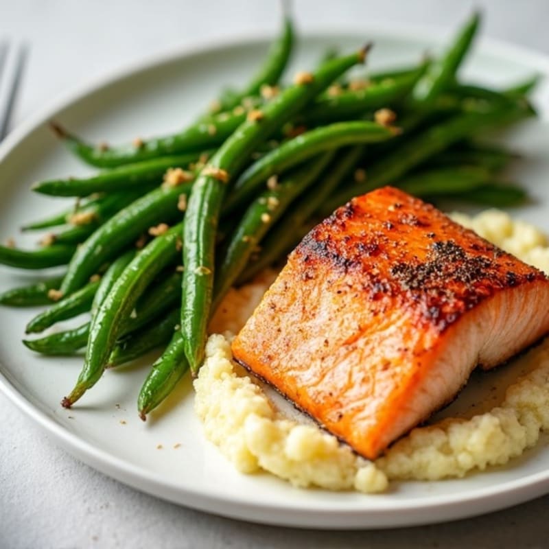 Seared Salmon with Garlic Green Beans and Cauliflower Mash
