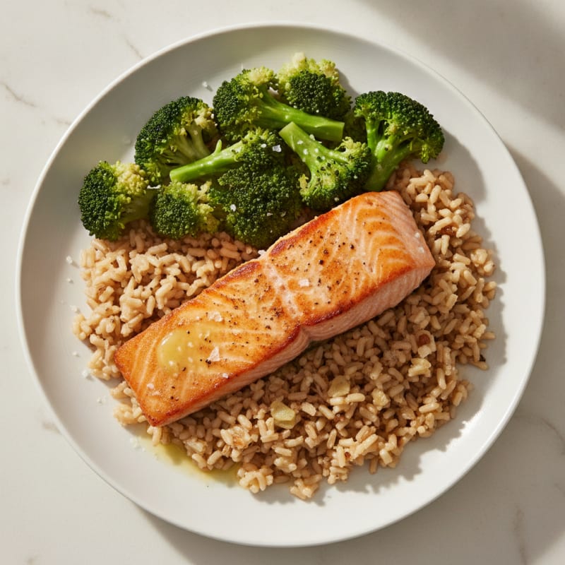 Seared Salmon Fillet with Steamed Broccoli and Lemon-Garlic Brown Rice