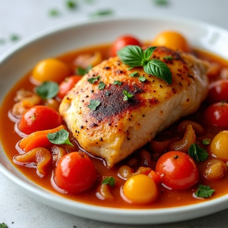 Braised Chicken with Savory Tomato and Bell Pepper Sauce