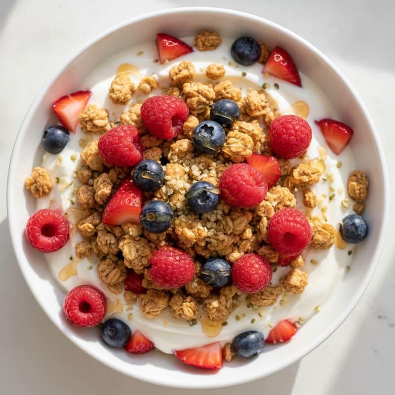 Greek Yogurt Parfait with Protein Granola and Mixed Berries