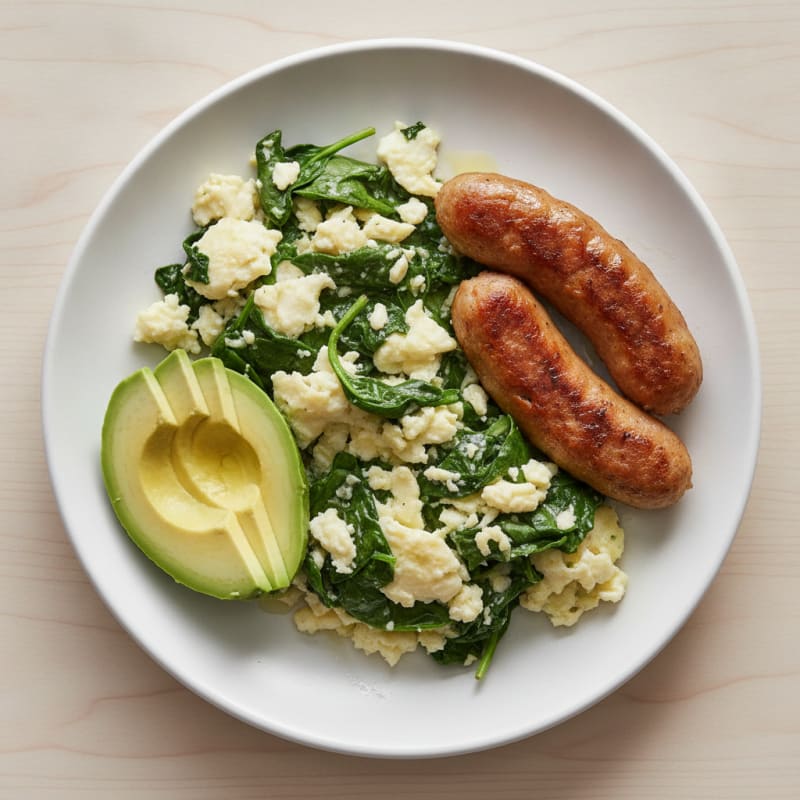 Egg White Scramble with Turkey Sausage and Sautéed Spinach