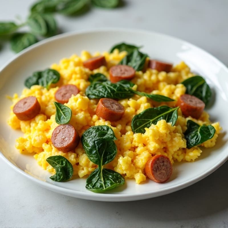 Fluffy Egg Scramble with Lean Turkey Sausage and Fresh Spinach