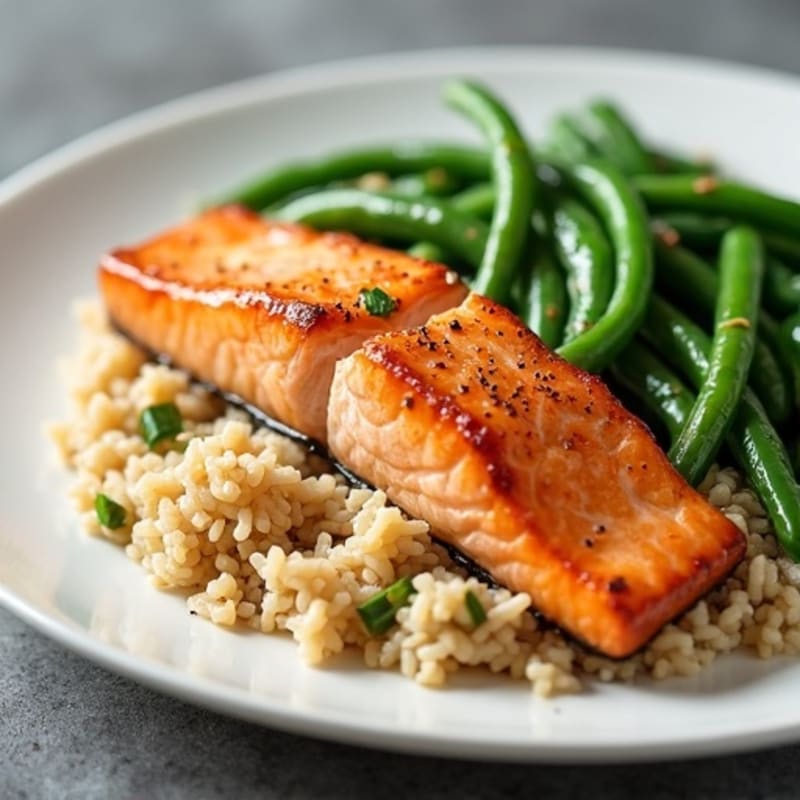 Seared Salmon with Garlic Green Beans and Brown Rice