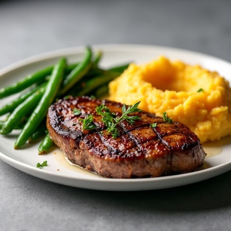 Seared Steak with Garlic Green Beans and Mashed Sweet Potatoes